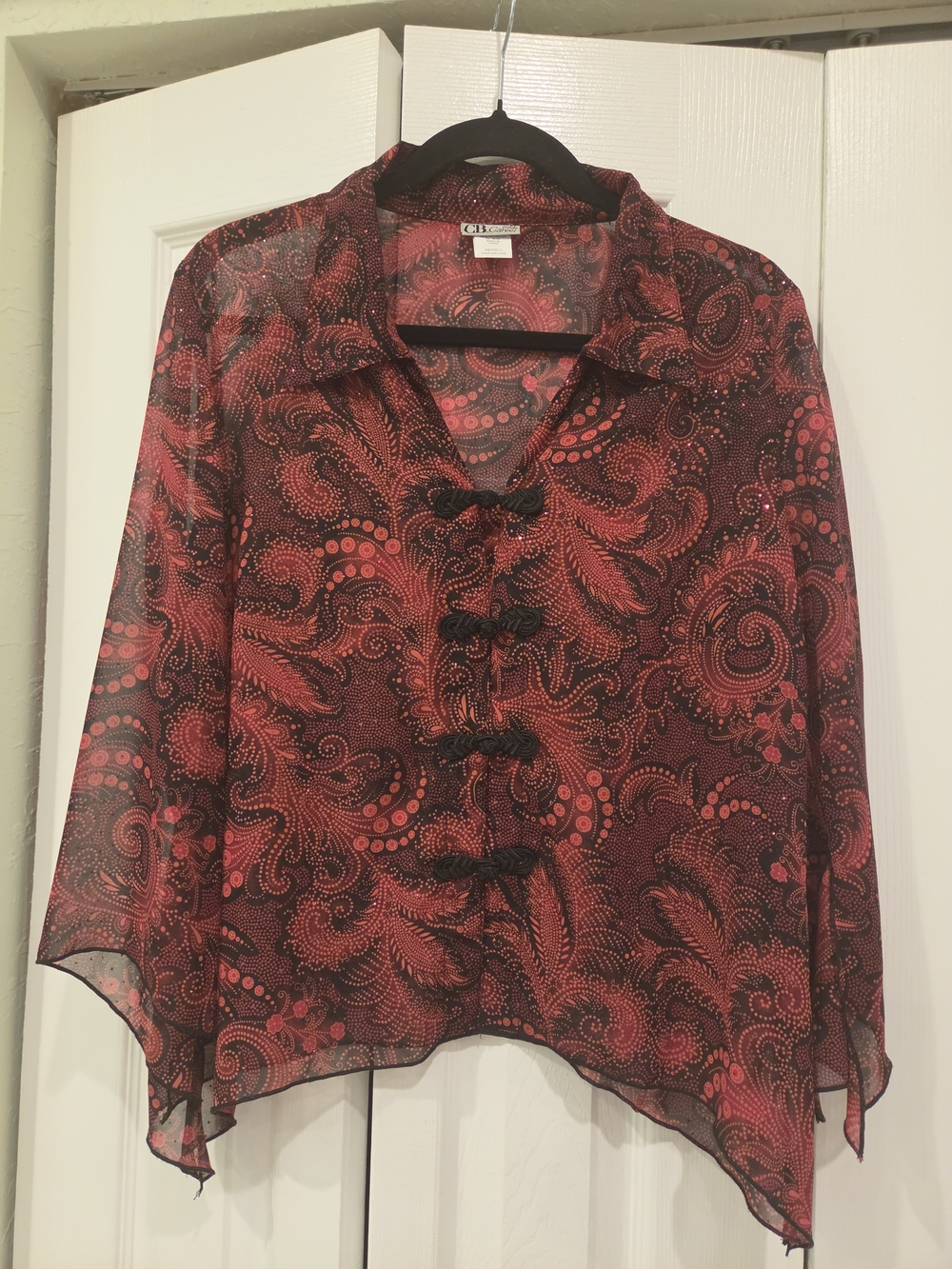 Vintage Y2k Red Paisley Sheer Toggle Button-Front Blouse